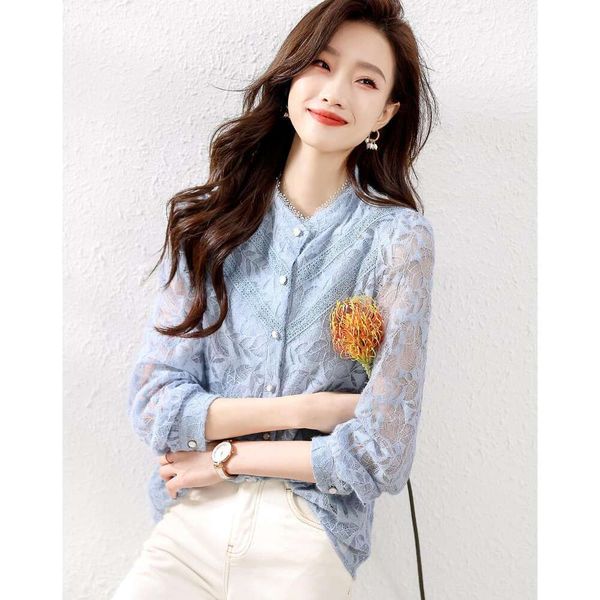 

french spring style long sleeve lace fabric shirt womens cardigan loose sexy, White