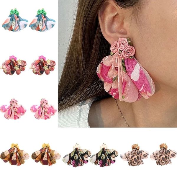 

colorful fabric flower bohemian leopard print drop dangle stud earrings handmade design jewelry charm women wedding party gifts, Silver
