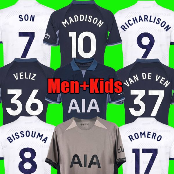 

maddison son 23 24 soccer jerseys kulusevski richarlison kulusevski 2023 2024 romero veliz van de ven bissouma tottenham football kit shirt, Black;yellow