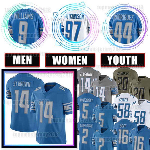 

14 amon-ra st. brown football jersey 97 aidan hutchinson david montgomery detroits malcolm rodriguez jared goff lions barry sanders jameson, Black;red