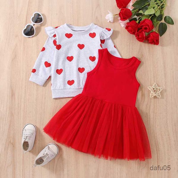 

clothing sets 2022-12-01 lioraitiin 0-5years toddler kids girls 2pcs valentines day clothing long sleeve round neck heart print skirts r230, White