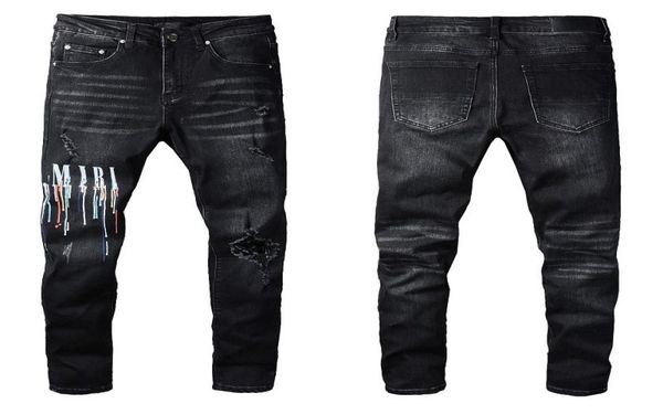 

men039s jeans treet spray paint colorful print letter denim black skinny ripped jeans4912763, Blue