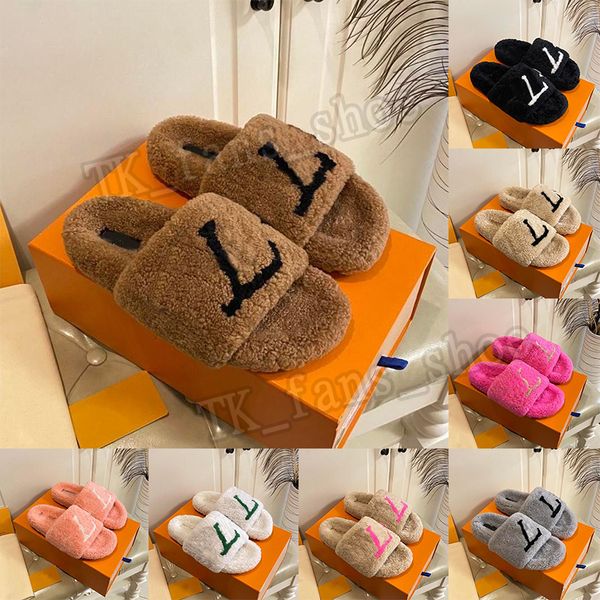 

winter indoor fur slides women lady house fluffy slippers sandals sliders plush platform flats low heel non slip luxury designer winter shoe, Black