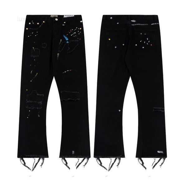 

23ss craft mens jeans designer retro fashion high street broken holes jeans oil paint splash ink pantsm7an, Blue
