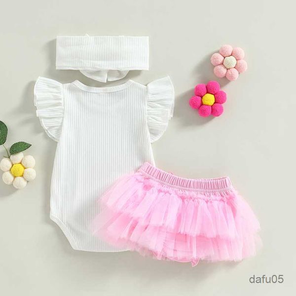 

clothing sets 0-18m newborn baby girls 3pcs summer outfits fly sleeve ribbed bodysuit pink tutu shorts headband set r230814, White