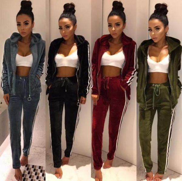 

2017 new arrival womens tracksuits strip spliced velvet tracksuit winter two piece set and pants full sleeve casual set velour1144837, Gray