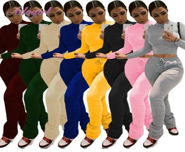 

women workout two piece set casual solid long sleeve crop tshirt leggings stacked sweatpants suit outfit joggers tracksuit5771540, Gray