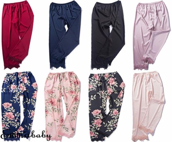 

women silk satin pajamas sleepwear nightwear loungewear homewear ankle length pants floral print ladies clothes3293117, Black;blue
