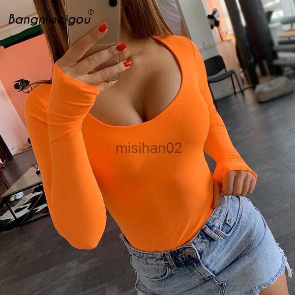 

women's jumpsuits rompers bangniweigou neon solid skinny jumpsuit rompers women fall long sleeve low cut basic bodysuits overalls orang, Black;white