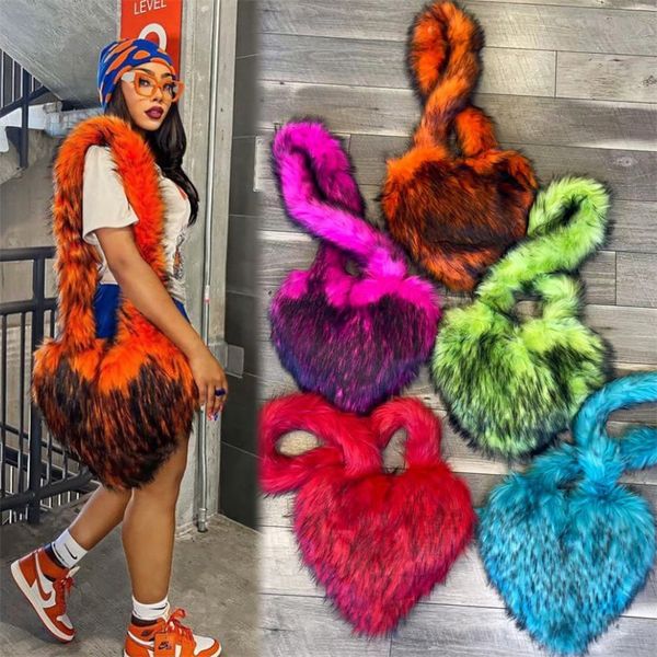 

evening bags faux fur winter women handbags cute plush ladies heart shaped shoulder bag female clutch purse love messenger 230812