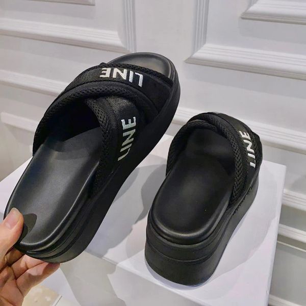 

mesh jacquard fabric flat slides slippers leather sole platform sandals triomphe stamped luxury designer women's summer casual shoes fa, Black