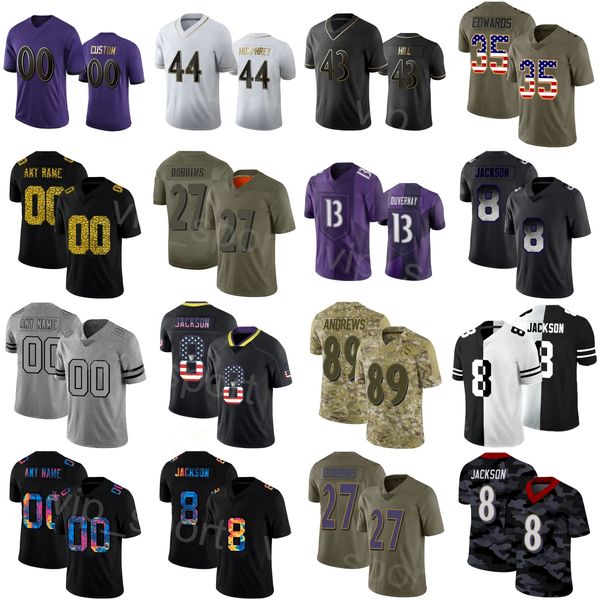 

football 27 jk dobbins jersey 35 gus edwards 43 justice hill 8 lamar jackson 7 rashod bateman 6 patrick queen 18 roquan smith 44 marlon hump, Black;red