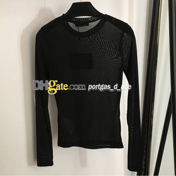 

luxury letter women t shirt mesh see through long sleeve woman bottoming, Black
