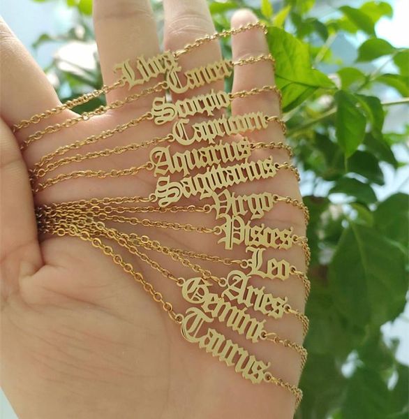 

12pcslot zodiac signs bracelets women men jewelry hip hop old english letters bransoletki damskie stainless steelchain bracelet l7440425, Black