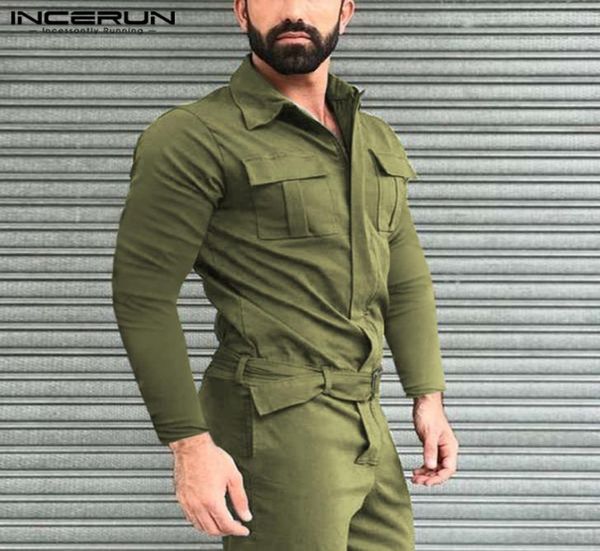 

incerun mens cargo overalls pockets zippers jumpsuits mens fashion solid color rompers man long sleeve lapel bib pants plus size2077560, Black