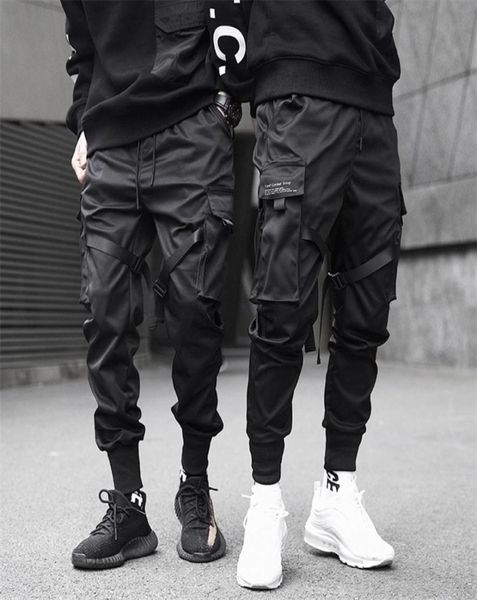 

men ribbons color block black pocket cargo pants 2020 harem joggers harajuku sweatpant hip hop trousers lj2012171853496