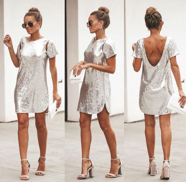 

autumn silver sequined backless dress women short sleeve mini dress short christmas party club dresses vestidos5210870, White;black