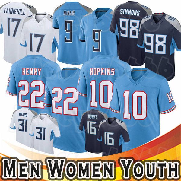 

22 derrick henry 10 deandre hopkins football jerseys 98 jeffery simmons kevin byard treylon burks steve mcnair tennessees titans warren moon, Black;red