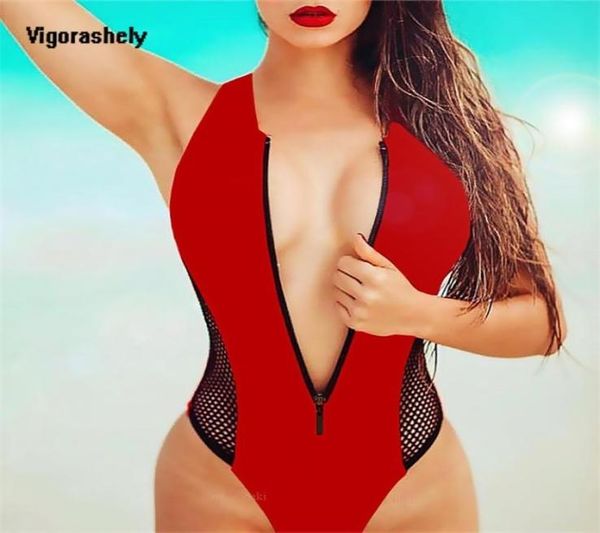 

vigorashely swimsuit women push up swimwear mesh zipper solid bathing suit female red blue monokini swimsuit 2103233535110, White;black