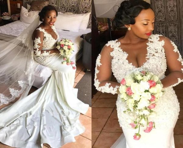 

2021 long sleeves wedding dresses luxury beaded pealrs lace applique scoop neck illusion sweep train plus size wedding gown vestid4016973, White
