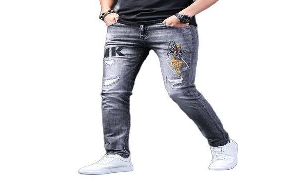 

fashion 2021 luxury brand men jeans distressed ripped embroidered denim men pants slim fit smoke gray casual cowboy long trouser9273238, Blue
