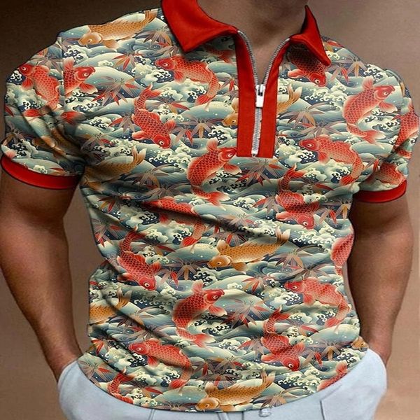

men's polos brocade carp 3d print polo zipper short sleeve shirt for men 230812, White;black