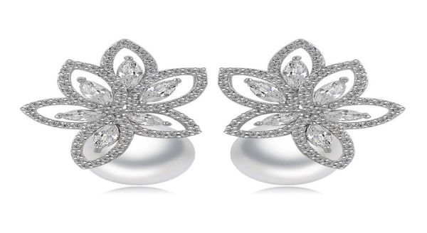 

pearl flower drop earrings bling white zircon fine jewelry wedding dangle earrings for women girl gift1335830, Golden;silver