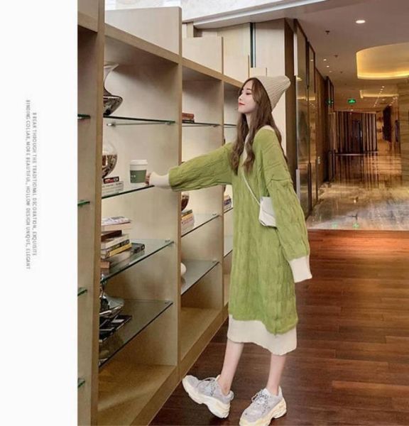 

winter knitted dress women casual vneck designer office sweater female vintage oversize one piece korea dresses4743837, Black;gray