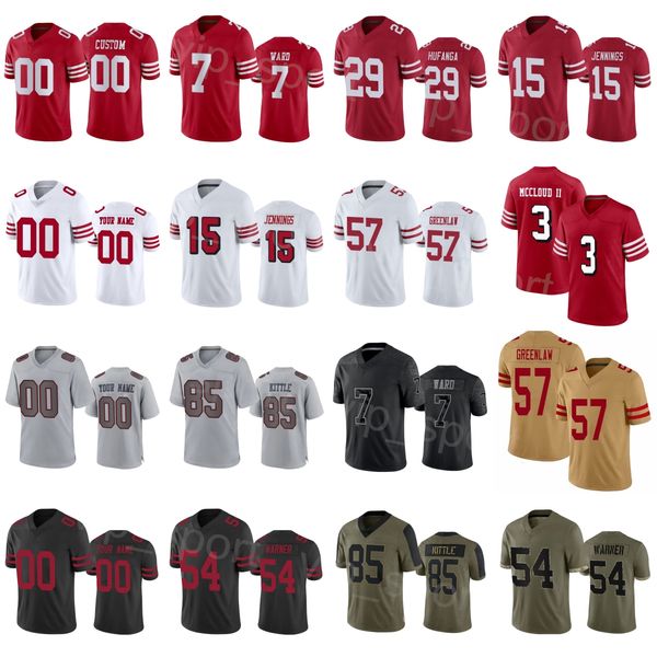 

team football 54 fred warner jersey 57 dre greenlaw 29 talanoa hufanga 7 charvarius ward 85 george kittle 15 jauan jennings 3 ray-ray mcclou, Black;red