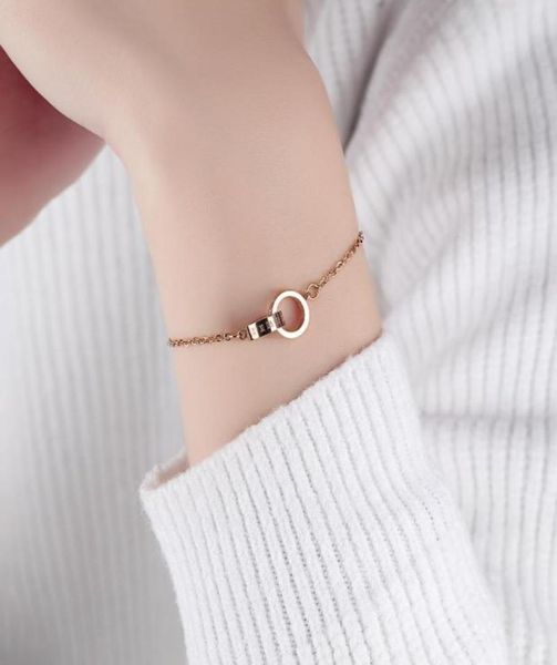 

link chain kkchic roman numeral double circle ring bracelet titanium steel plated rose gold lady hand day gift women jewelry1814600, Black
