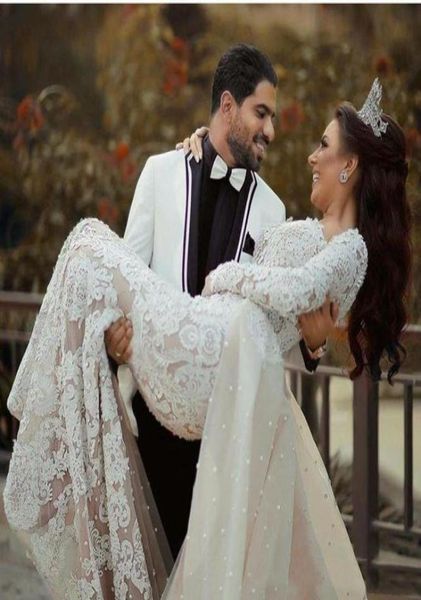 

2021 arabic mermaid wedding dresses with detachable train plus size lace long sleeves dubai vintage wedding gowns robe de mariee927122921, White