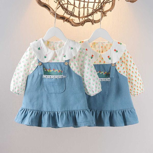 

sell spring long sleeve toddler clothing floral print every day wear daily casual cute baby girl dress wholesale, White