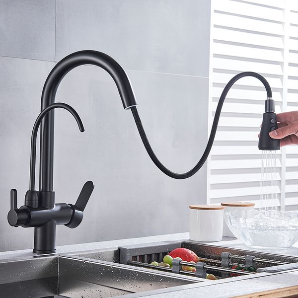 

Pure Black Faucet Dual Handle Hot and Cold Drinking Water Pull Out Kitchen Mixer Taps