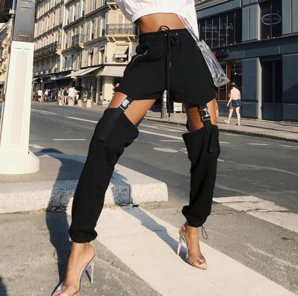 

womens joggers black drawstring buckle pencil pant women zipper high waist harem cargo pants streetwear casual solid rock trousers9842177, Black;white