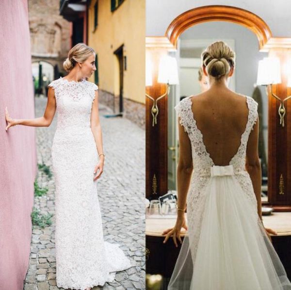 

new sheath lace wedding dress sheer neck capped backless bridal gowns with detachable tulle train custom made1179625, White