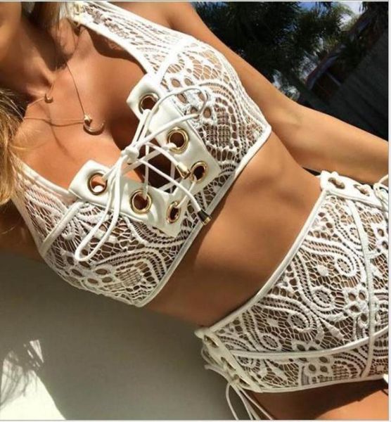 

women039s swimwear fashion women summer bikini set two piece swimsuit high waist lace bandage beachwear 20216179719, White;black