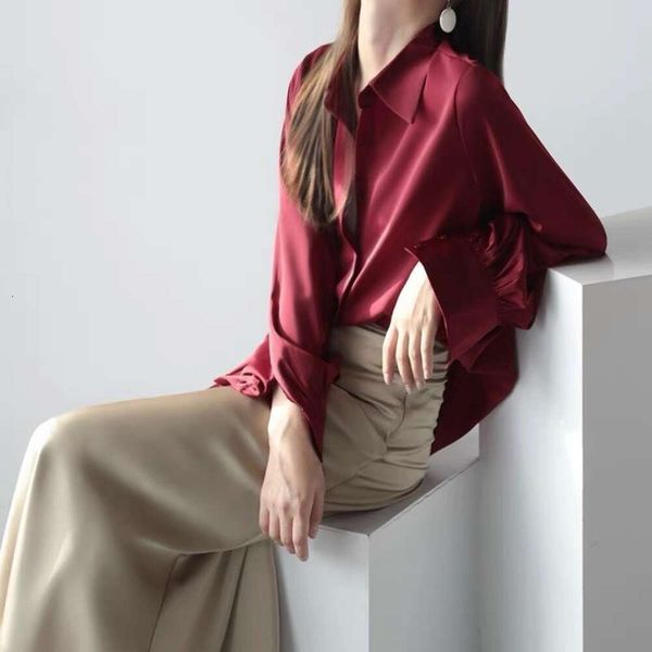 

early autumn french retro shirt for women niche loose slim temperament professional unique ice silk vinegar, White