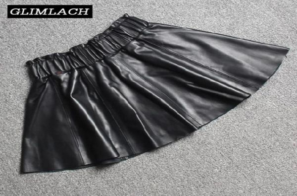 

skirts genuine leather mini women elastic waist lambskin 100 real pleated aline ladies slim autumn skirt64352795895068, Black