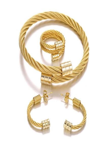 

charm bracelets 3pcsset luxury 316l stainless steel wristband bangles ring earring sets opening c shaped cuff for men women hip h1050344, Golden;silver