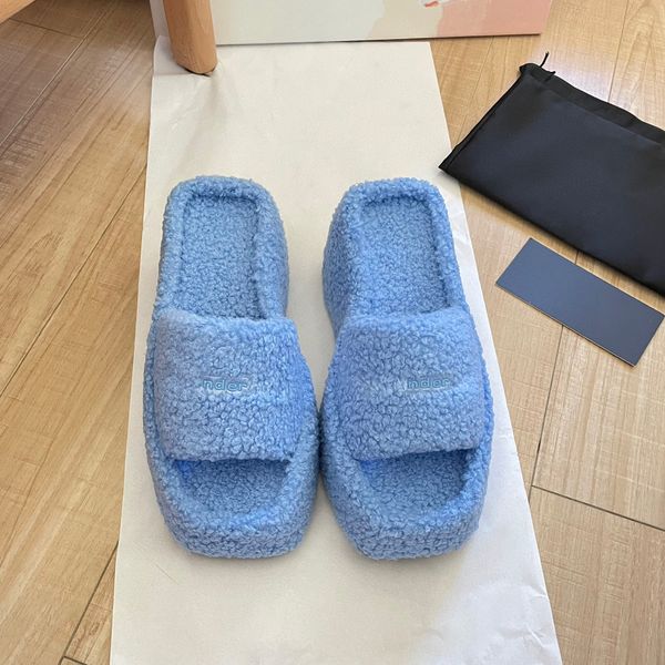 

womens paris balenciga wool plush sandal slipper designer fur flat heel winter fluffy mule fashion indoor l fuzzy sliders platform shoes taz, Black