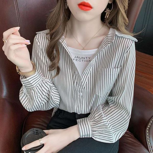 

striped blouse womens spring shirts clothes fake two piece print loose western style long sleeve design t shirt, White