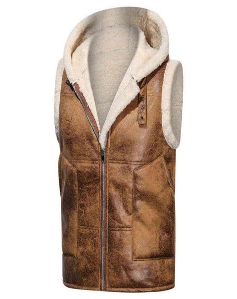 

2022 men autumn and winter new vest faux fur solid color zipper hooded pu leather vest j22072252364444961120, Black