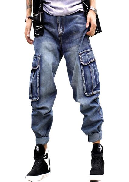 

cool mens fashion loose retro denim jeans pockets pants trousers street boys hip hop casual baggy pants size 30463850321, Blue