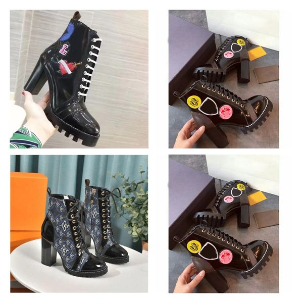 

designer star trail ankle boots high heel martin booty women zipper letter lace up flamingo love arrow medal desert bootady coarse heels aut, Black