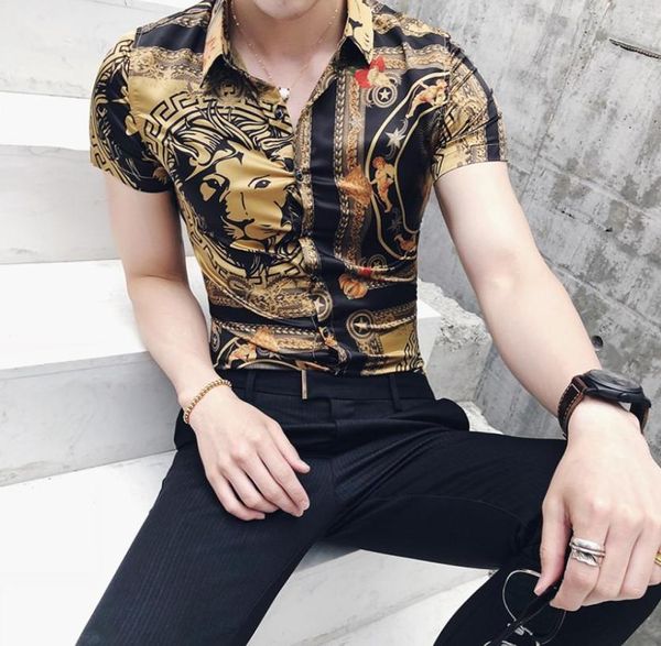 

summer personality striped shortsleeved shirt tide male nightclub hair stylist youth wild business casual flower shirt9098546, White;black