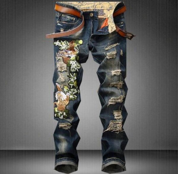 

new vaqueros hombre cowboy straight ripped broken holes streetwear men zipper jeans trousers vintage embroidery crane tiger roses 5785081, Blue
