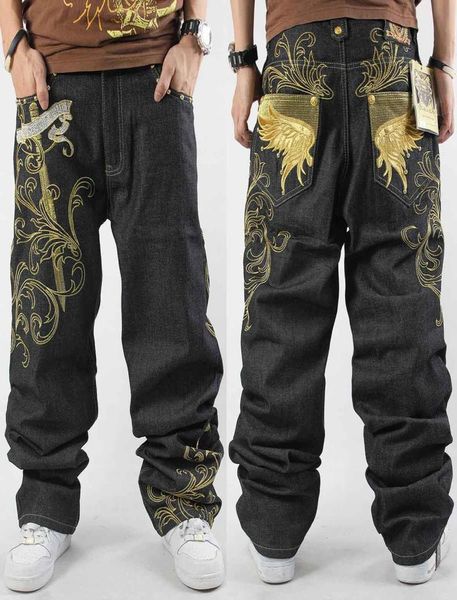 

embroidered pattern hiphop jeans trousers hiphop casual loose plus fat large size skateboard men jeans pants3441789, Blue