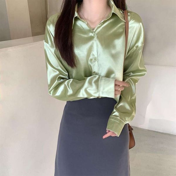 

womens loose long sleeved satin shirt niche versatile retro hong kong style design draping for women, White