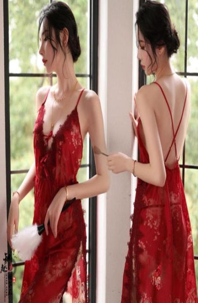 

new lingerie female lace temptation pajamas side split suspenders strap night skirt whole one piece 20748575547954, Black;red