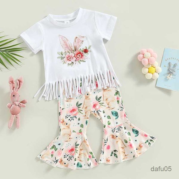 

clothing sets 2022-12-29 lioraitiin 0-4years kid girls easter clothing set short sleeve crew neck flower print t-shirt rabbit print flare pa, White